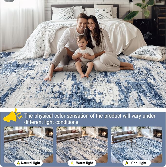 Area Rugs Living Room Rug - 4x6 Washable Modern Abstract Soft Neutral Non-Slip Carpet Large Indoor Floor Thin Carpets for Bedroom Dining Room Farmhouse Nursery Home Office Blue Gray