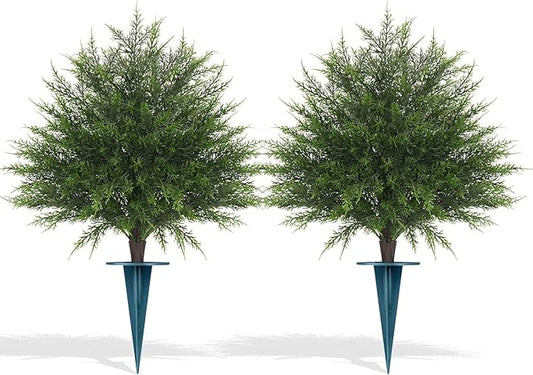 Grooy Artificial Cypress Topiary Bushes with Spike, 2 Pack Faux UV Resistant Cedar Ball Trees for Outdoor Planters, Fake Shrubs Plants for Porch Garden Decor