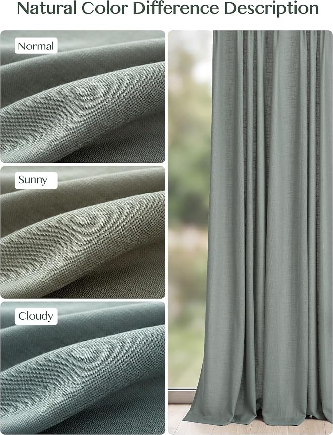 Liz Pinch Pleated Linen Curtains Light Filtering Curtains for Living Room, Farmhouse Window Curtains for Bedroom, Modern Drapes with Hooks and Rings, 108 Inches Long, Sage Green, 2 Panels Set