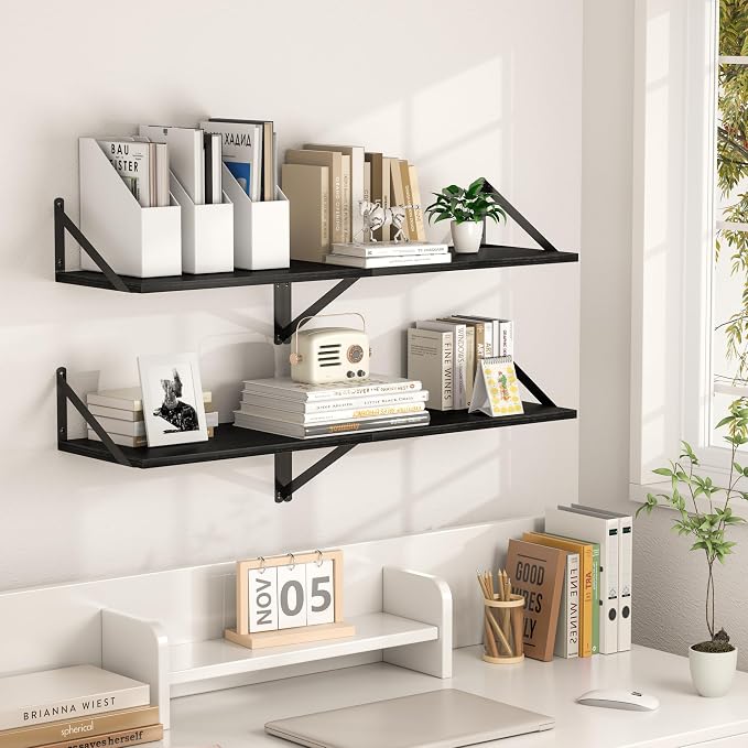 Heimlove Black Deep Floating Shelves for Wall, 40W x 12D Wood Wall Shelves Set of 2, Wide Floating Bookshelf for Living Room, Kitchen, Office, Bedroom and Decor Storage, with Metal Bracket - Black