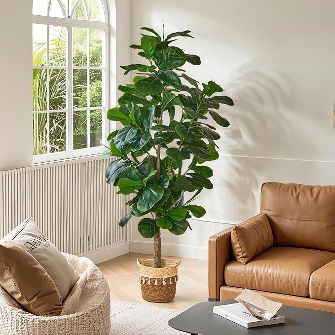 VECELO 6FT Artificial Fiddle Leaf Fig Tree Indoor Outdoor Decor | 71 Inch Tall Fake Floor Plant, 150 Realistic Leaves, Silk Ficus Lyrata in Plastic Pot, Low Maintenance Indoor Corner Decor