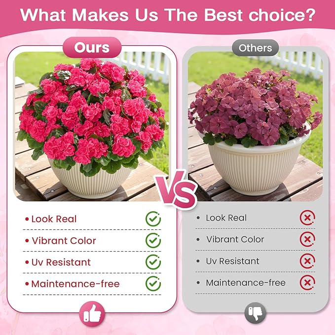 Alupssuc 8Pcs Artificial Geranium Flowers for Outdoors Decoration Silk Floral, UV Resistant Fake Plants, Faux Flower for Porch Garden Table Centerpieces Home Indoor Outside Spring Decor(8, Deep Pink)