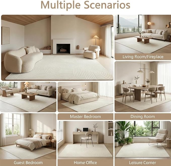 Beige 5x7 Solid Color Area Rugs – Washable Living Room Rug, Modern Geometric Non-Slip Indoor Carpet with Soft High-Low Pile, Fluffy Floor Rugs for Bedroom, Kids Room, Nursery, Home Décor