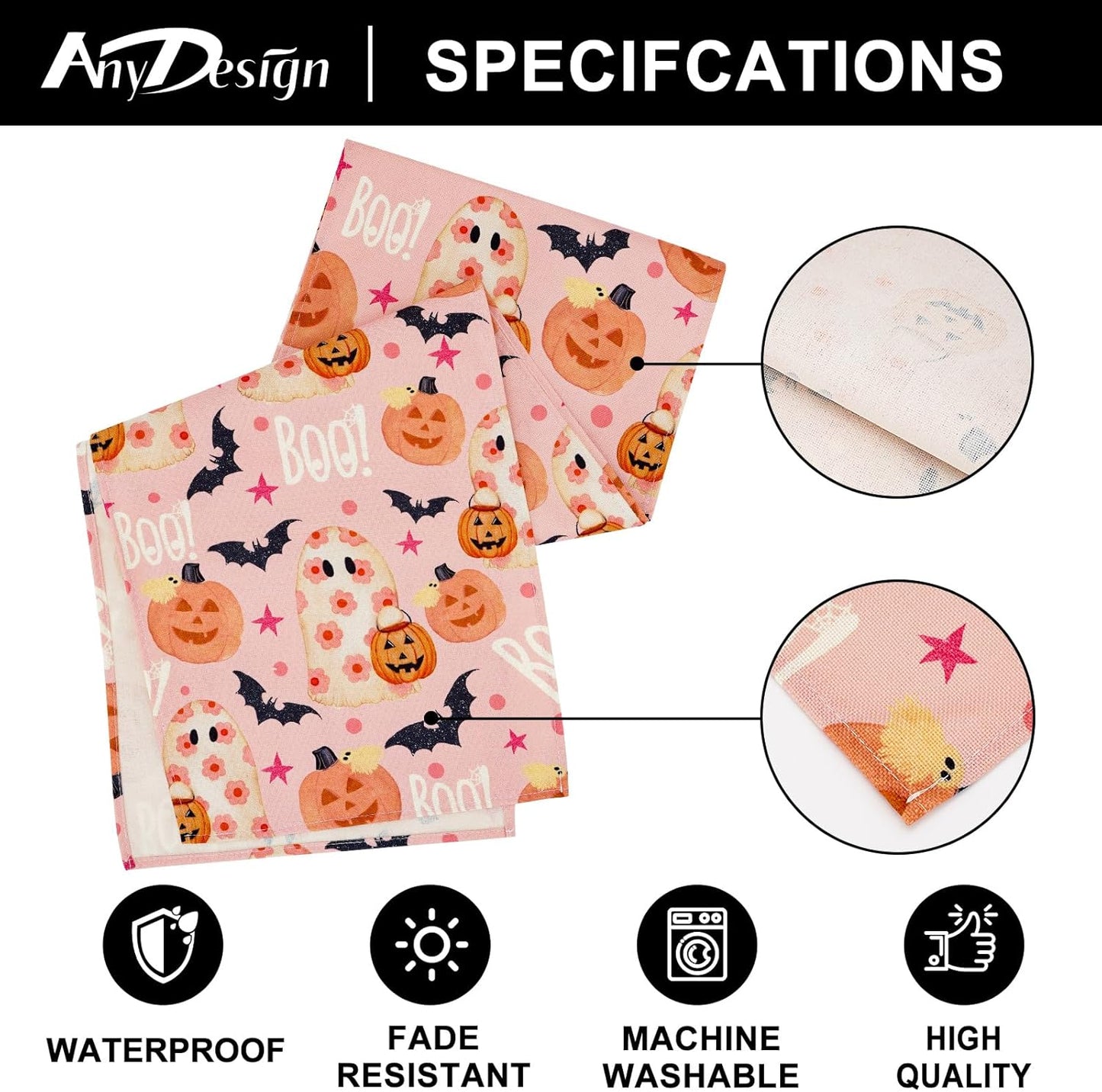 AnyDesign Halloween Table Runner Pink Spooky Ghost Pumpkin Table Cover Kitchen Dining Table Decoration Pink Halloween Table Dresser Scarves for Indoor Outdoor Home Party, 13 x 72 Inch