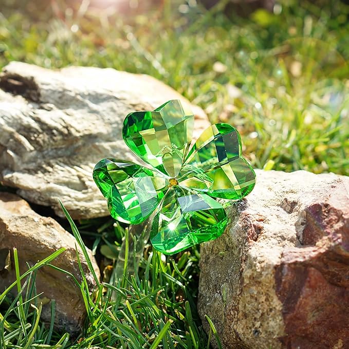 HDCRYSTALGIFTS 4'' Crystal Flower Dreams Four Leaf Clover Figurine Collectibles Green Crystal Glass Statue Ornament Lucky for Mom Women Car Table Shelf Decorations,Green