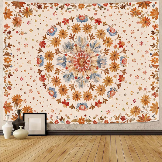 Fowocu Boho Floral Mandala Tapestry Wall Hanging Watercolor Bohemian Flower Medallion Tapestry Aesthetic Beige Orange Hippie Indian Small Tapestries for Bedroom Living Room Dorm Decor 40 x 30 Inch