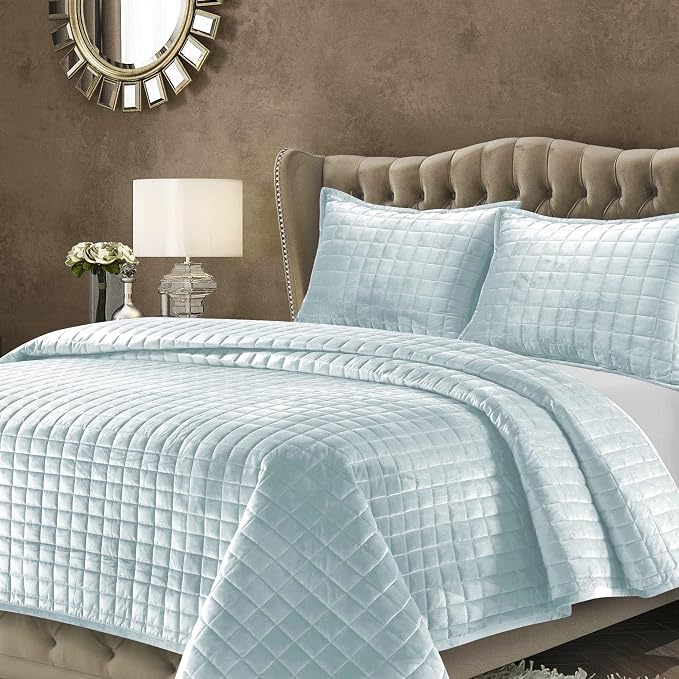 Tribeca Living Luxury Velvet Quilt Twin Size Set - 260GSM Ultra-Soft Oversized Velvet Bedspread Comforter Set with 1 Sham, in Florence Haze Blue