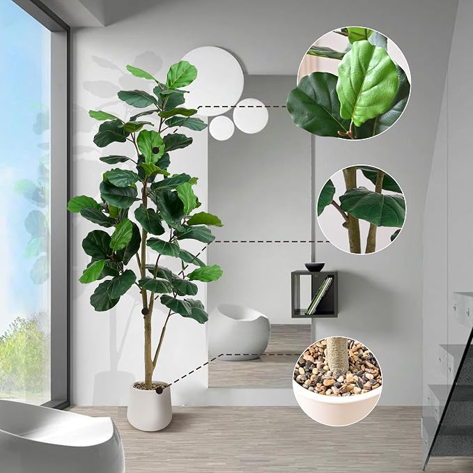 Artificial Fiddle Leaf Fig Tree 6FT, 72 Inch Tall Faux Ficus Lyrata Fake Floor Plant with White Planter & Pebbles, Large Realistic Fig Tree for Indoor Home Office Living Room Decor