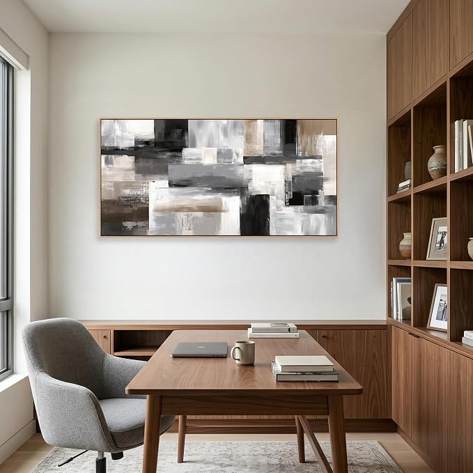 HUADAOART 20x40 Inch Large Framed Canvas Wall Art Modern Abstract Geometric Painting with Neutral Black Grey Beige Blocks Minimalist Textured Artwork Ready to Hang for Living Room Bedroom Home Office Decor