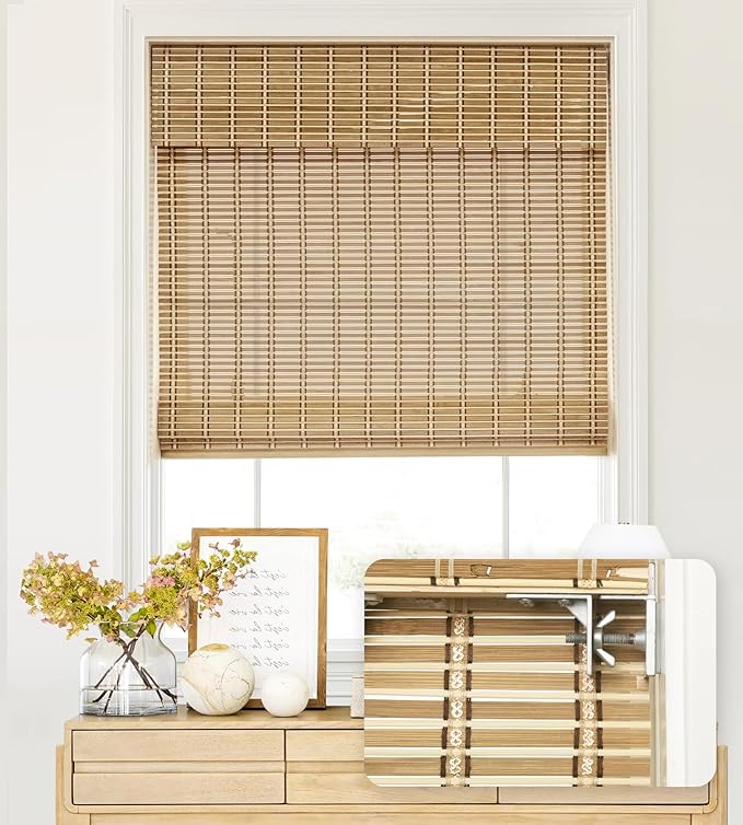 LazBlinds No Tools No Drill Cordless Bamboo Roman Shades, Light Filtering Window Treatment, Roll Up Bamboo Blinds for Windows 43'' W x 64'' H, Natural 306