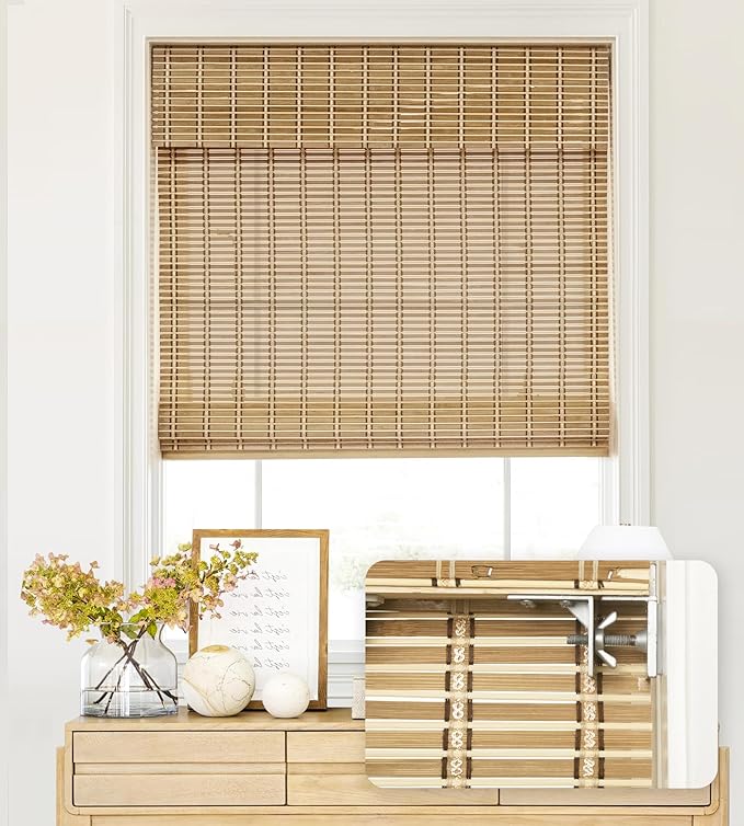 LazBlinds No Tools No Drill Cordless Bamboo Roman Shades, Light Filtering Window Treatment, Roll Up Bamboo Blinds for Windows 22'' W x 64'' H, Natural 306