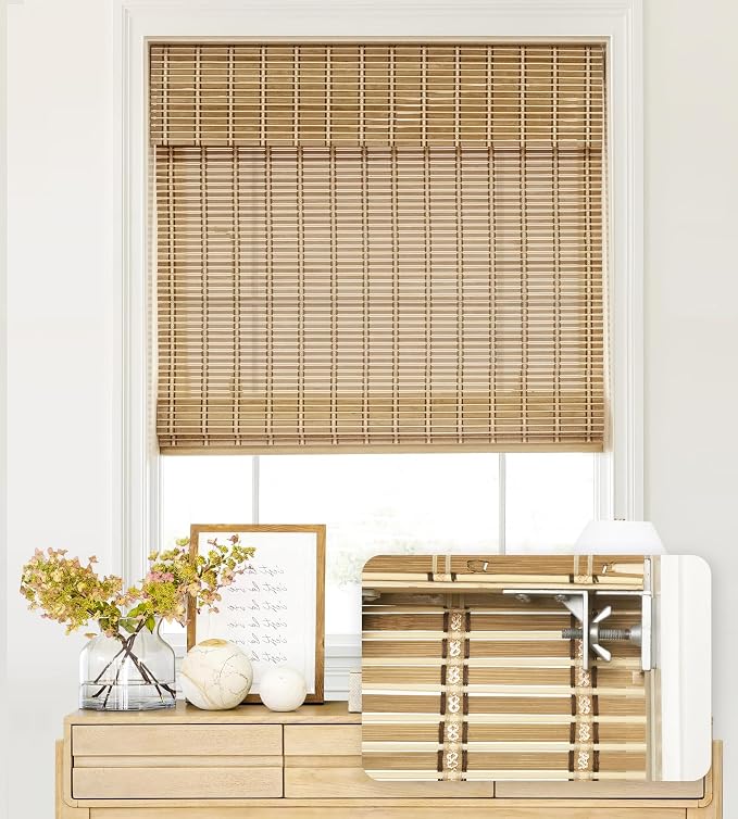 LazBlinds No Tools No Drill Cordless Bamboo Roman Shades, Light Filtering Window Treatment, Roll Up Bamboo Blinds for Windows 20'' W x 64'' H, Natural 306