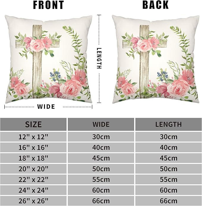Bunny Floral Wreath Throw Pillow Covers Cross Easter Pillow Covers 16x16 Set of 2 Spring Pink Flowers Cushion Case Cotton Linen Pillowcase for Home Decor Sofa Couch