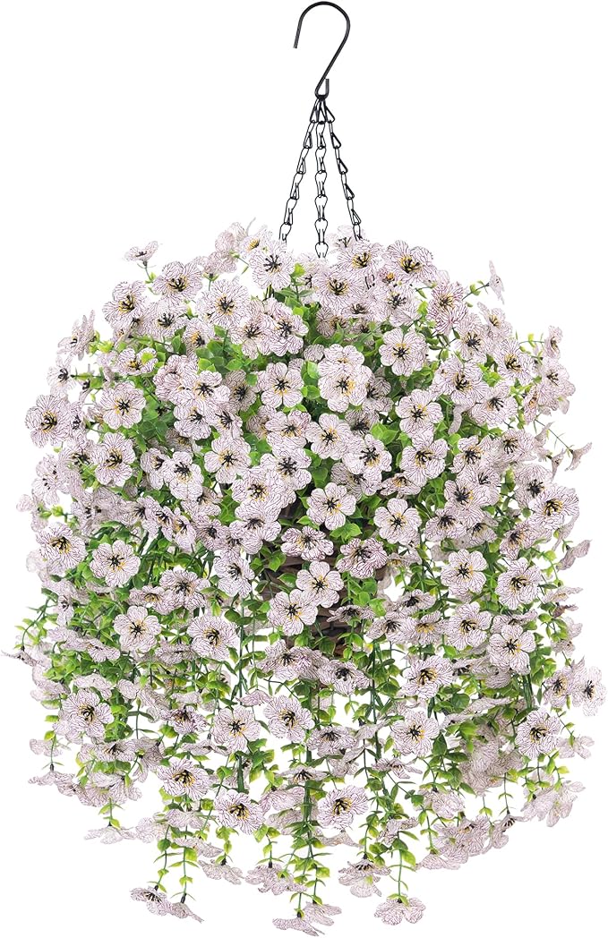 HyeFlora Artificial Hanging Flowers Basket for Outdoor, Fake Flowers Faux Plants Look Real for Yard Gardens Porch Patio Home (White)