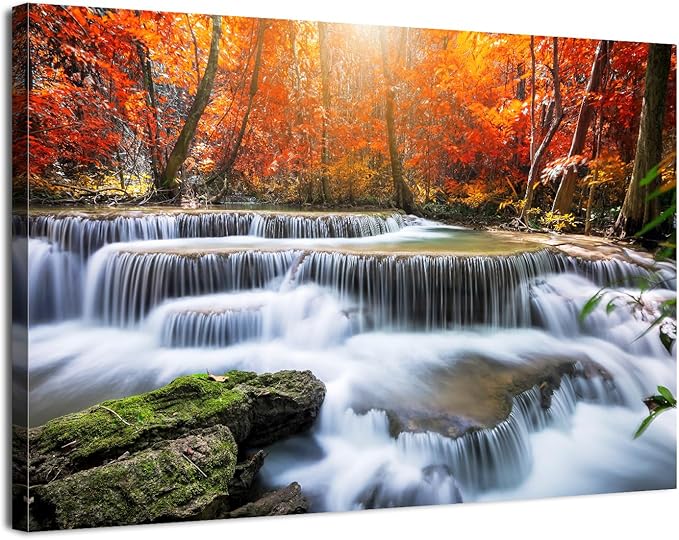 Waterfall Wall Art Nature Forest Mountain Landscape Wall Decor Bathroom Tropical Red Maple Leaves Canvas Prints Living Room Rustic Sunshine Scenery Artwork for Kitchen Office Bedroom Decoration 20x30"