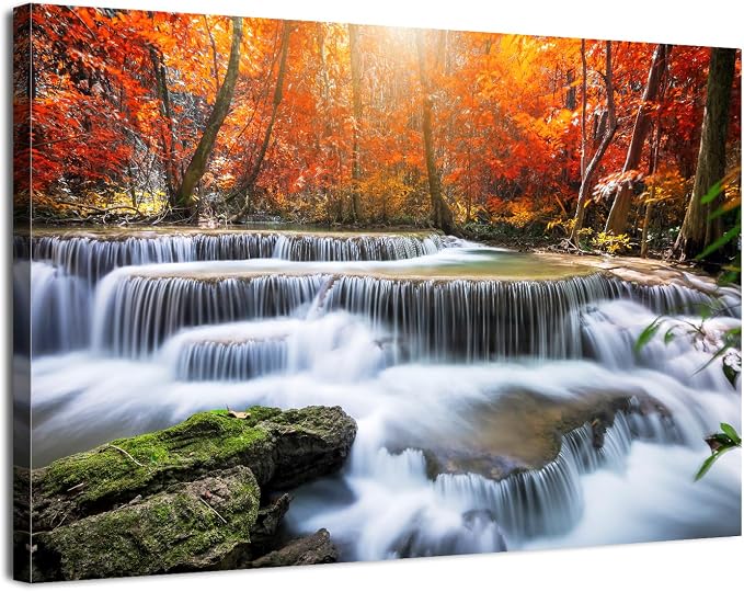 National Park Landscape Wall Art Colorful Maple Trees Wall Decor Country Waterfall Painting Canvas Prints Autumn Scenery Pictures Vintage Artwork for Living Room Office Bathroom Home Decoration 24x36"