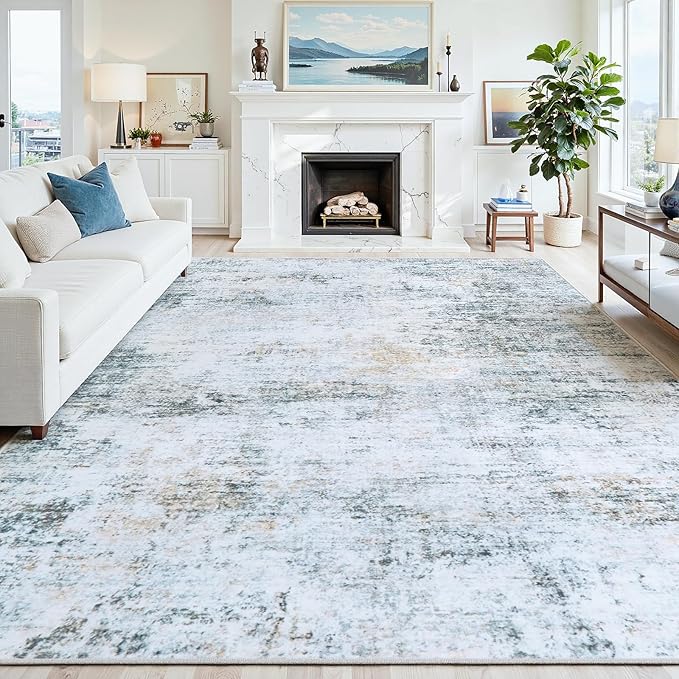 9x12 Area Rugs Washable Rug:Anti-Skid Abstract Modern Living Room Rug Soft Thin Carpets Indoor Floor Non-Shedding Carpet for Bedroom Dining Farmhouse Nursery Home Office(Blue/Grey/Gold/White, 9x12)