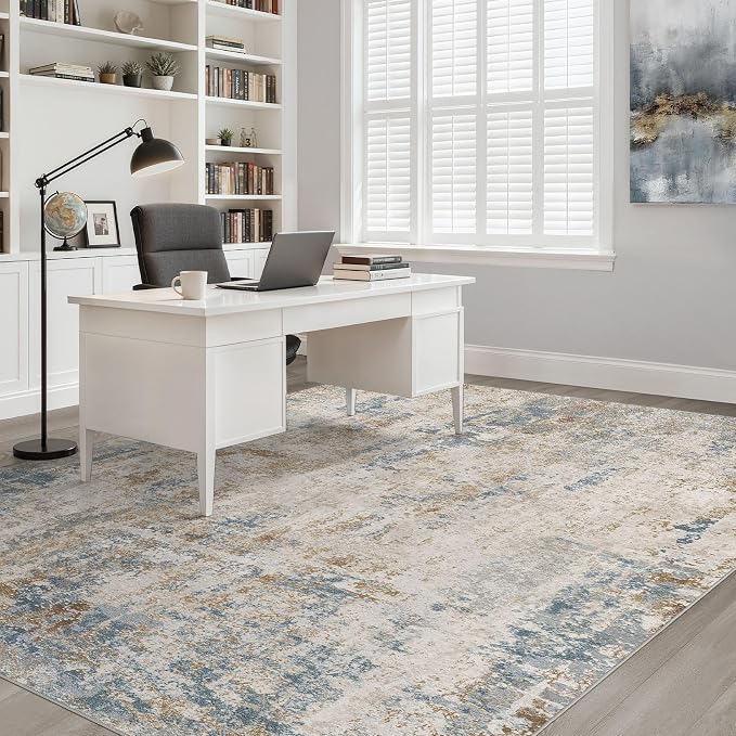 9x12 Area Rug Living Room: Washable Large Neutral Rug Abstract Soft Modern Stain Resistant Indoor Floor Non-Slip Carpet for Bedroom Nursery Kids Office Playroom Dining Room Under Table- Blue Brown