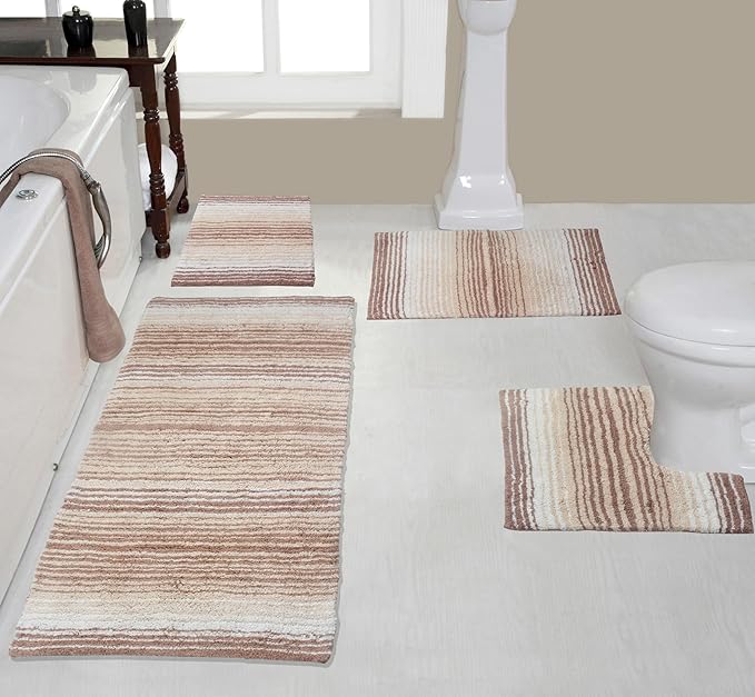 Home Weavers 100% Cotton Gradiation Collection Bathroom Décor | Washable Rug | Bathroom Mat | Kitchen Mat | Bathroom Rug Set | Bath Mat Set | Bath Floor Mat Non Slip, 4 Piece Set with Runner, Beige