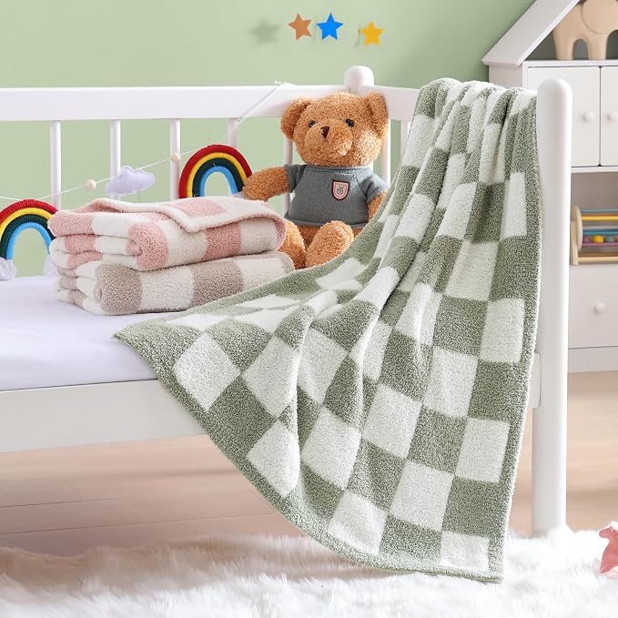 WRENSONGE Soft Checkered Throw Blanket for Couch-Cozy Warm Knitted Blankets | Lightweight Fluffy Decor for Boys & Girls, Sofa, Chair, Bed, 30x40in,Sage Green