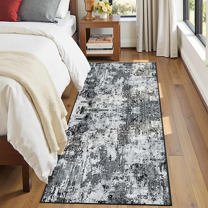 RELEANY Washable Area Rugs 2'x8' Non-Slip Modern Abstract Soft for Living Room Entryway Bedroom Nursery, Print Pattern, Black Navy Blue Gray