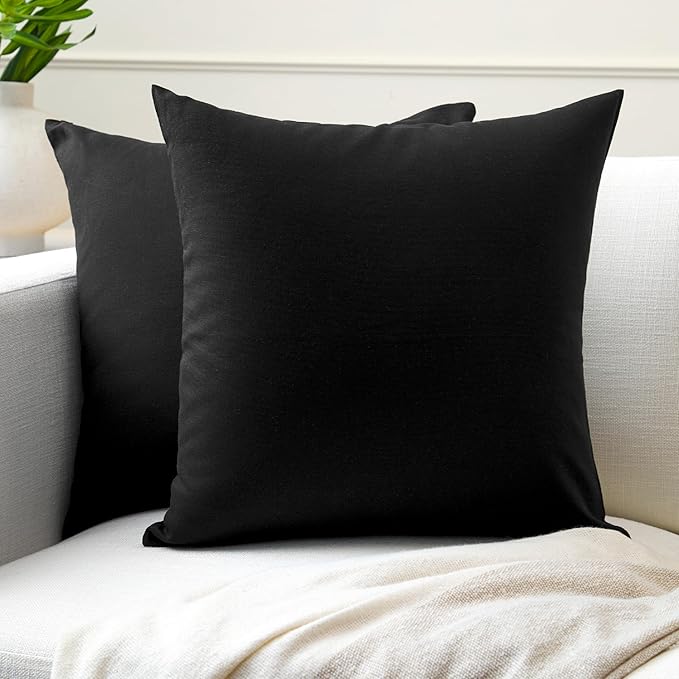 Encasa XO Throw Pillow Covers 20x20 in Set of 2 Jet Black | No Inserts | Cotton Pillow Covers for Living Room, Bed, Sofa, Couch | Decorative Cushion Covers with Improved Zipper