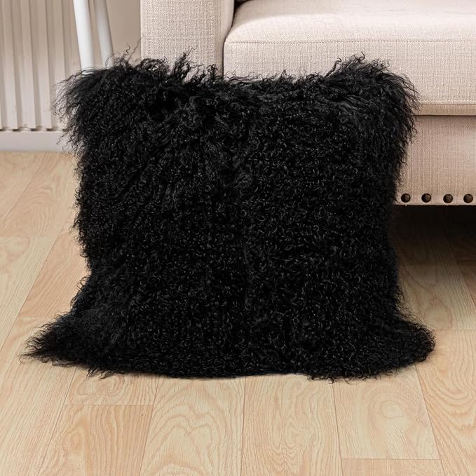 Mongolian Lamb Fur Throw Pillow Cover (18'' x 18'', Black) Real Fur Decorative Cushion Cover Pillow Case for Living Room Bedroom
