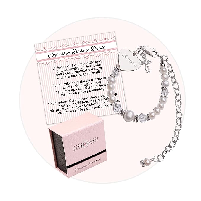Cherished Moments Babe to Bride Keepsake Cross Bracelet Christening Gift for Infant Newborn Baby Girl in 925 Sterling Silver with Engraved Heart Charm and Cultured Pearls