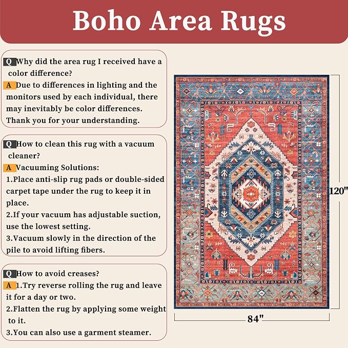 SERISSA 7x10 Area Rugs for Living Room, Large Washable Non-Slip Boho Rug, Ultra Soft Vintage Rust Oriental Tribal Print Distressed Carpet for Dining Room Bedroom Dorm Office Home Decor
