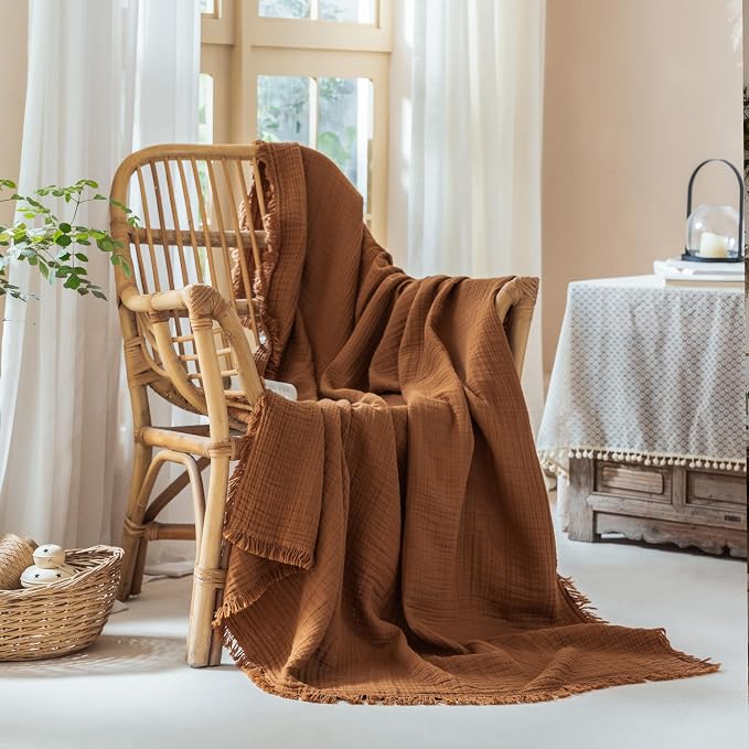 Muslin Fringe Blankets for Adults: 100% Cotton Cloud Soft | 4-Layer Gauze Breathable Lightweight All Season Throw Blanket for Bed Couch Sofa Office