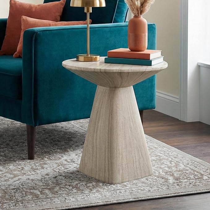 24/7 Shop at Home Ranera Modern 18-inch Natural Stone Side Table with Angular Pedestal Base, Marble Nightstand, Geometric Patio End Table, for Living Room, Covered Outdoor Spaces, Beige Travertine