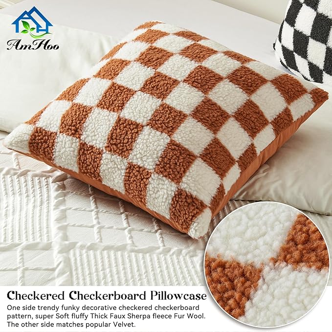 AmHoo Pack of 2 Decorative Throw Pillow Covers Checkerboard Luxury Super Soft Faux Fur Wool Set Case Cushion for Couch Sofa Bedroom 20 x 20-Inch Burnt Orange