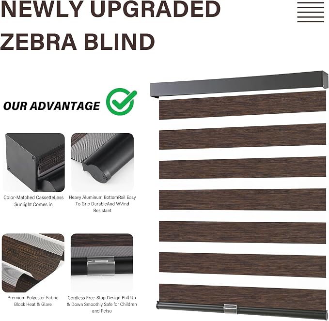 AOSKY Cordless Zebra Blinds for Windows Pull Down Roller Window Shades Dual Layer Light Filtering Privacy for Day and Night, Free-Stop Door Shades for Home Easy to Install Brown 27" W X 72" H