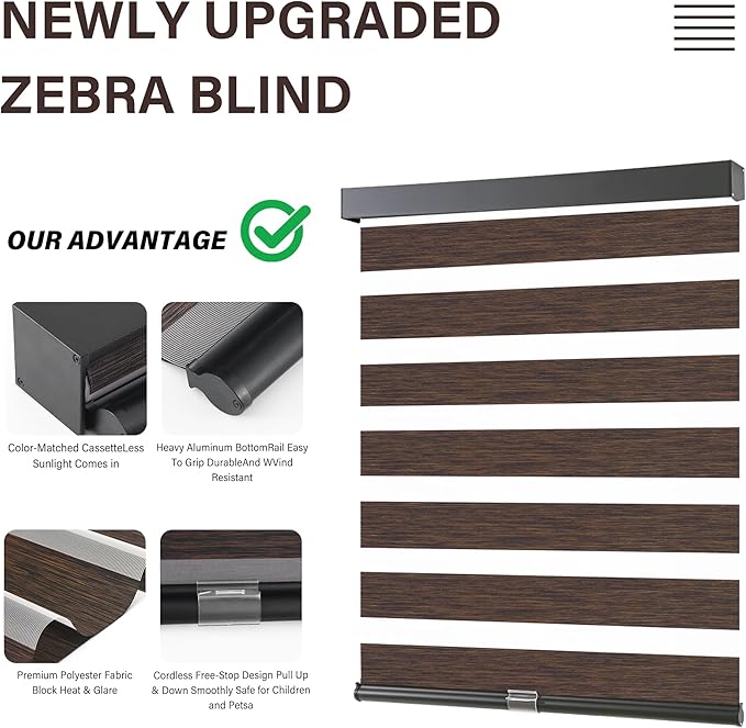 AOSKY Cordless Zebra Blinds for Windows Pull Down Roller Window Shades Dual Layer Light Filtering Privacy for Day and Night, Free-Stop Door Shades for Home Easy to Install Brown 43" W X 72" H