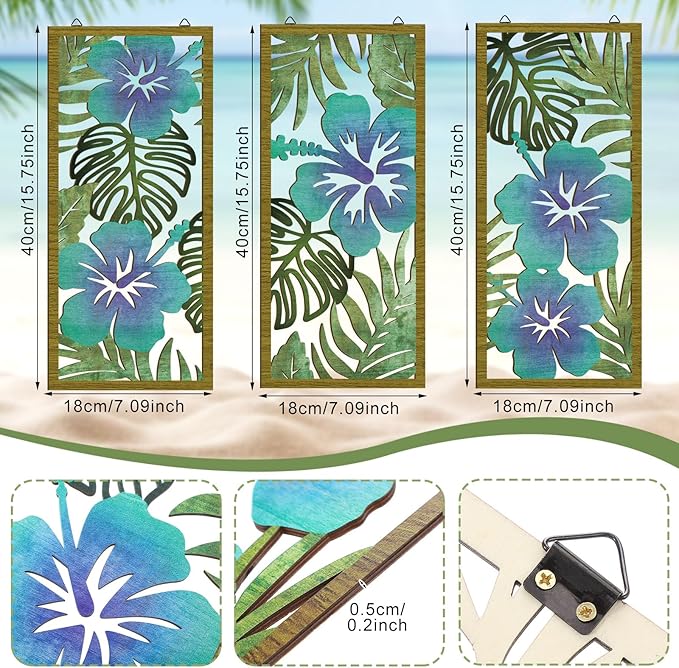 Threehoney 3 Pcs Tropical Wall Decor 3d Wooden Palm Leaf Wall Art Monstera Sculptures Wood Hibiscus Flowers Hanging Decor Vintage Plant Plaque for Home Bathroom 7.09 x 15.75 Inch(Fresh Style)