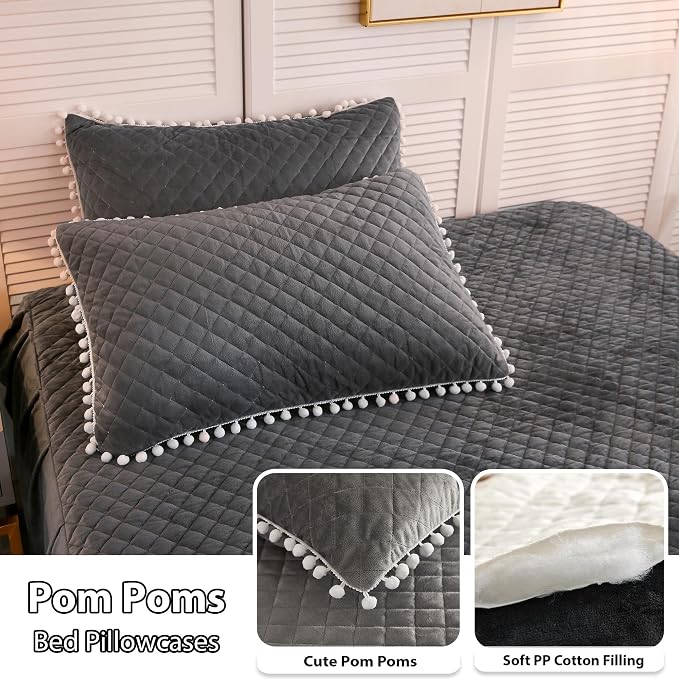 LIFEREVO Luxury Plush Shaggy Duvet Cover Set, Soft Velvet Fluffy Furry Duvet Cover Set(1 Faux Fur Fuzzy Comforter Cover+1 Pom Poms Pillow Sham)Solid Bedding Set, Zipper Closure(Twin/Twin XL,Dark Gray)