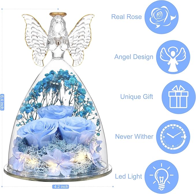 Mothers Day Rose Gifts for Women Preserved Real Flower in Glass Angel Figurines Roses for Delivery Prime Birthday Gifts for Mom Grandma Girlfriend Wife Her, Sky Blue