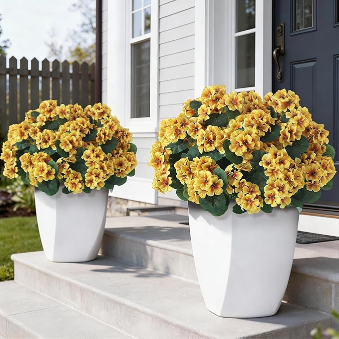 GLIDLION 24 Bundles Artificial Geranium Flowers for Spring Summer Decor, UV-Resistant Fake Plants Realistic Faux Silk Bouquets for Front Door Farmhouse Garden Porch Home Outdoor Decor (Yellow)