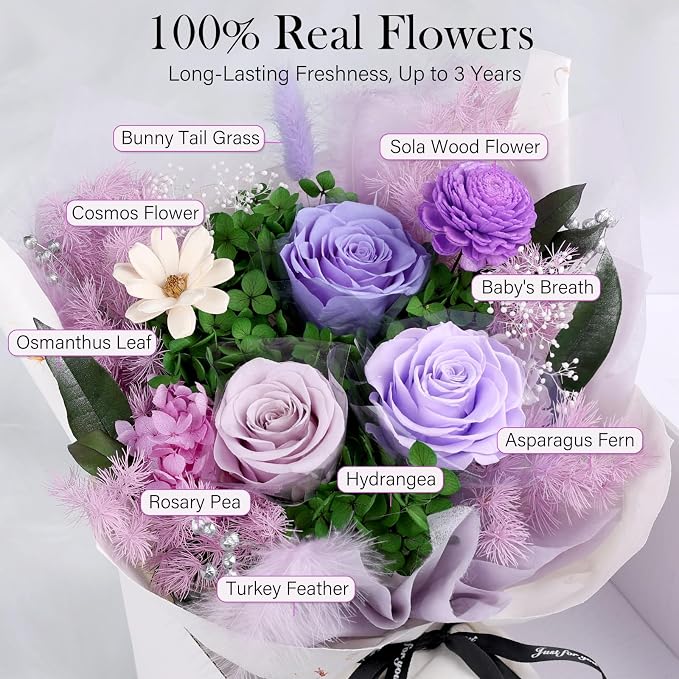 MAMAMIKO Preserved Flowers Bouquet - Forever Flowers for Delivery, Real Eternal Roses Bouquet, for Mom Grandma Wife, Anniversary Birthday Gifts for Women