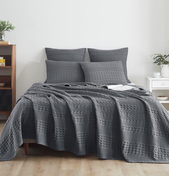 VHC Brands 100% Cotton Waffle Weave Queen Blanket 90"x90", Decorative Lightweight Spring and Summer Throw Blanket, Bedroom Decor for Bed, Couch, or Sofa, Dark Grey