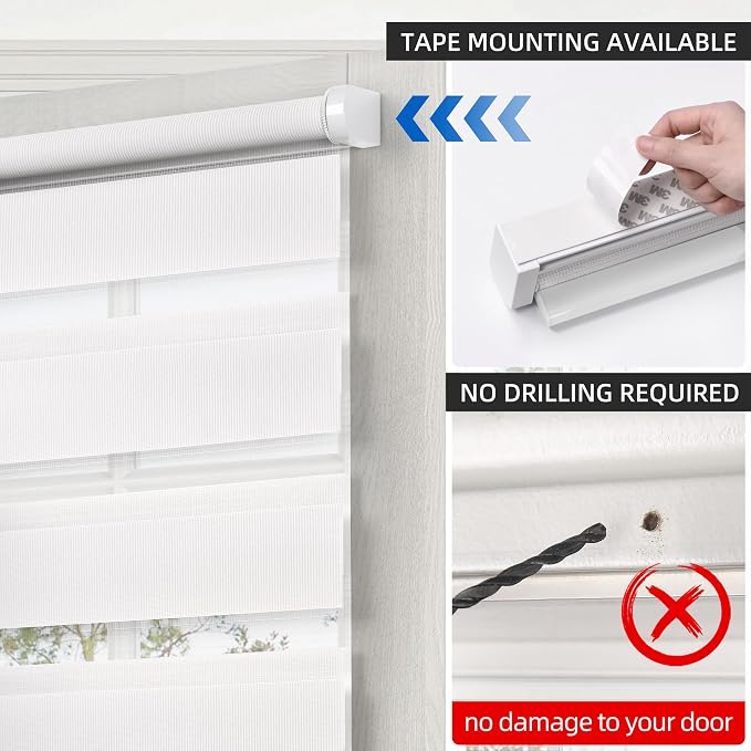 LazBlinds Cordless French Door Blinds, No Drill Roll Up Zebra Blinds for Doors, Light Control Day and Night Sheer Shades for Front Door Patio Sidelight Glass Door, 26.8'' W x 40'' L, White