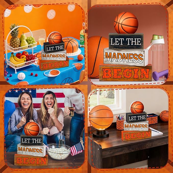 Yuntau 4 Pcs Wooden Tabletop Decor Tiered Tray Decor Rustic Wood Block Sign Gift Centerpiece Farmhouse Table(Basketball)