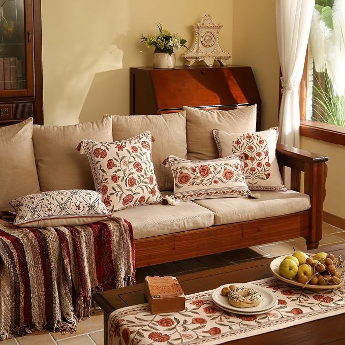 ISAENNE Vintage Elegant Linen Square Throw Pillow Cover,18"x18"-Albano A | Designer French Pillow Cover,Concealed Zipper Design,Orange Floral Pattern,Sofa,Bedroom,Living Room,Lounge Chairs