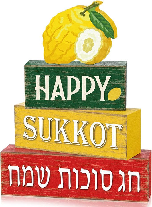Marsui 4 Pcs Happy Sukkot Table Decor Rustic Sukkah Decorations Etrog Wooden Signs Centerpiece Farmhouse Sukkot Tiered Tray Decor for Home Office Desk Jewish Festival Decorations