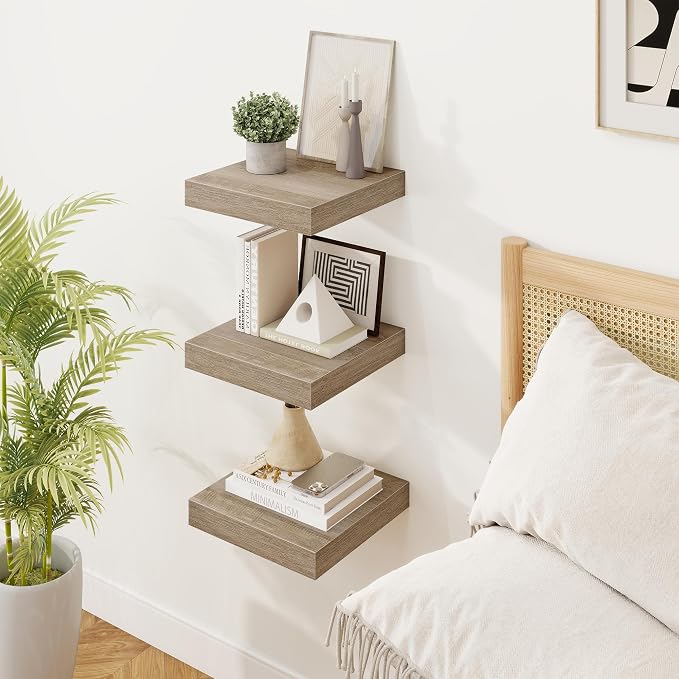 Marsmiles Square Floating Shelves for Wall, 12" W x 12" D x 1.5" H, 3 Pack Small Wall Mounted Engineered Wood Shelves with Invisible Brackets for Living Room, Bedroom, Bathroom, Kitchen Decor, Grey