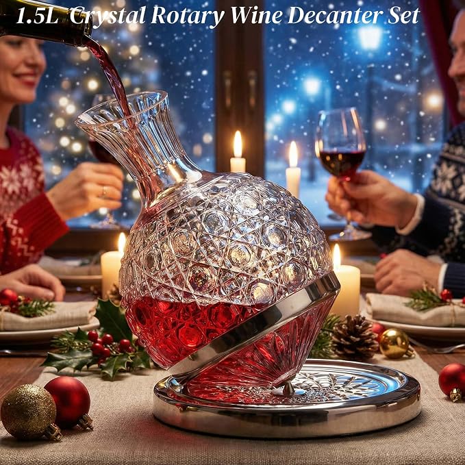 Wine Decanter Set - Spinning Crystal Red Wine Decanter Carafes, Jarler 360° Rotory Hand Blown 1.5L Lead-Free Glass Wine Aerator Quick Wake Up，Wine Gift for Wine Lover, Father day Gift (Silver+Clear)