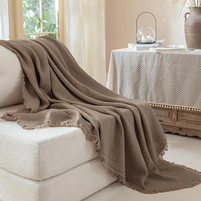 Muslin Fringe Blankets for Adults: 100% Cotton Cloud Soft | 4-Layer Gauze Breathable Lightweight All Season Throw Blanket for Bed Couch Sofa Office