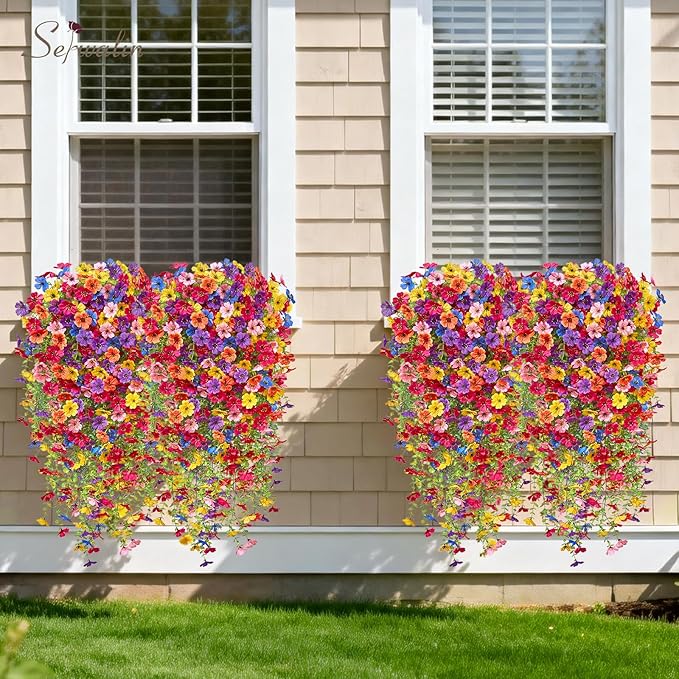 Serwalin 12PCS Artificial Hanging Flowers for Outdoors, UV Resistant Fake Hanging Plants, Realistic Weatherproof Outdoor Decor for Patio, Porch, Garden & Window (Multicolor,12PCS)