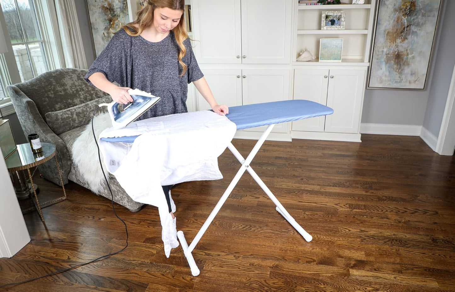54" Full-Size Adjustable Ironing Board w/Thick Pad Cover, Leg Locking System, Foldable and Collapsible, Heavy-Duty Alloy Steel Construction, Space Saving Design - Blue