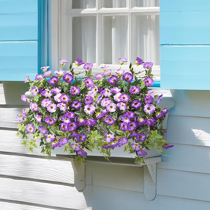 Artificial Fake Flowers Hanging Plants for Outdoor Spring Summer Decor, 2Pcs Faux Petunias Realistic Flowers Silk Morning Glory UV Resistant No Fade for Home Outside Garden Patio Yard Porch(Purple)